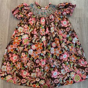 Brown Floral Smocked Neck Boho Maxi Dress - Pink & Orange Floral